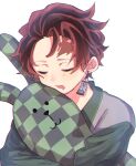 1boy chromatic_aberration closed_eyes commentary_request drooling earrings hanafuda_earrings highres holding holding_stuffed_toy jewelry kamado_tanjirou kimetsu_no_yaiba male_focus omutarou partial_commentary red_hair short_hair simple_background sleeping solo stuffed_animal stuffed_toy upper_body white_background 