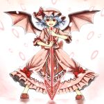  1girl ascot back_bow bat_wings blue_hair bow commentary_request embellished_costume frilled_skirt frills full_body hair_between_eyes hat hat_ribbon holding holding_polearm holding_weapon looking_at_viewer mangetsu_(yayoi) mob_cap pink_hat pink_shirt pink_skirt polearm red_ascot red_bow red_eyes red_shoes remilia_scarlet ribbon shirt shoes skirt skirt_set solo spear spear_the_gungnir touhou weapon wings 