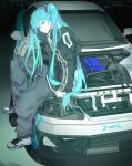  1girl absurdres black_jacket black_shoes blue_eyes blue_hair blue_pants car crowsflyon emoticon engine hair_ornament hatsune_miku highres jacket long_hair looking_at_viewer motor_vehicle multicolored_shoes open_car_hood pants shoes sitting sneakers solo sweatpants track_jacket twintails two-tone_shoes vocaloid white_shoes 