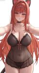  1girl animal_ears babydoll bare_arms bare_shoulders black_babydoll black_choker black_nightgown black_panties breasts choker cleavage collarbone come_hither commentary_request dot_nose goddess_of_victory:_nikke groin highres kinoko_kun large_breasts lingerie long_hair looking_at_viewer navel nightgown official_alternate_costume outstretched_arms pajamas panties rapi_(nikke) rapi_(red_hood)_(cherished_red)_(nikke) rapi_(red_hood)_(nikke) reaching reaching_towards_viewer red_eyes red_hair see-through_clothes see-through_nightgown solo spaghetti_strap stomach underwear very_long_hair 