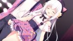  1boy 1girl :d ^_^ animal_ears animal_hat belt black_belt black_pants blush bow buckle cat_ears cat_hair_ornament cat_hat cat_tail closed_eyes dutch_angle fake_animal_ears frilled_skirt frills game_asset hair_ornament hat inae_koron koi_ni_kanmi_o_soete long_hair miyasaka_miyu miyasaka_naco off_shoulder open_mouth pants pink_skirt shirt short_sleeves skirt smile solo_focus suspender_skirt suspenders tail very_long_hair white_hair white_shirt yellow_bow 