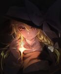  1girl absurdres black_vest blonde_hair braid closed_mouth collared_shirt commentary dark_background glowing hair_between_eyes hair_ribbon hand_up hat hat_ribbon highres kirisame_marisa light_smile looking_at_viewer ribbon sakura_gohaan shirt side_braid solo tearing_up touhou vest white_shirt witch_hat yellow_eyes 