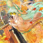  1girl aqua_hair autumn_leaves brown_hat brown_kimono commentary_request commission cup disposable_cup drinking hakama hat highres japanese_clothes jewelry kimono leaf long_hair looking_at_viewer necklace okuyama on_rooftop orange_hakama original pendant see-through_clothes see-through_kimono skeb_commission solo sun_hat sunglasses tinted_eyewear town yellow-tinted_eyewear 