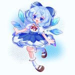  1girl absurdres black_dress blue_bow blue_dress blue_eyes blue_hair bow chibi cirno commentary_request detached_wings dress fairy fairy_wings frozen full_body hair_bow highres ice ice_wings inukkomaru open_mouth pinafore_dress skirt sleeveless sleeveless_dress socks solo touhou white_background white_socks wings 