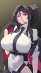  1girl absurdres black_hair black_necktie breasts closed_mouth collared_leotard covered_navel daidaradoji e.h._(junkyard_vanguard)_(nikke) e.h._(nikke) gloves goddess_of_victory:_nikke grey_pants gun half_gloves handgun harness highleg highleg_leotard highres holding holding_unworn_clothes holding_unworn_jacket huge_breasts jacket leotard leotard_under_pants long_sidelocks necktie no_eyewear official_alternate_costume official_alternate_hairstyle pants ponytail purple_eyes sidelocks solo unworn_jacket weapon white_leotard 