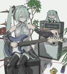  absurdres amplifier aqua_eyes aqua_hair aqua_necktie aqua_trim armpit_peek bare_shoulders black_skirt black_sleeves black_thighhighs blush character_name detached_sleeves drum drum_set effects_pedal electric_guitar feet_out_of_frame fukaba_yoh fumo_(doll) grey_shirt guitar hatsune_miku headset highres instrument marshall_amplification necktie number_tattoo plant pleated_skirt plectrum potted_plant shirt shoulder_tattoo sitting skirt sleeveless sleeveless_shirt tattoo thighhighs tuning_instrument twintails vocaloid wide_sleeves yamaha_pacifica zettai_ryouiki 
