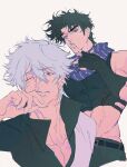  2boys abs battle_tendency belt black_hair cheng_yuan chinese_commentary closed_mouth collarbone commentary_request cropped_legs crossover elbow_gloves fingerless_gloves gintama gloves green_eyes hair_between_eyes hand_on_own_chin highres jojo_no_kimyou_na_bouken joseph_joestar joseph_joestar_(young) looking_at_viewer male_focus multiple_boys one_eye_closed pants pectorals red_eyes sakata_gintoki short_hair sideburns simple_background sugita_tomokazu teeth under-elbow_gloves voice_actor_connection white_background white_hair 