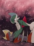  2others arm_blade bisharp cherry_blossoms colored_skin defeat empty_eyes evening facing_another fake_horns falling_petals gallade green_hair hand_on_another's_cheek hand_on_another's_face hands_on_another's_neck helmet highres horned_helmet horns injury kneeling looking_at_another lying mohawk multicolored_skin multiple_others on_back on_ground outdoors petals pokemon pokemon_(creature) pokemon_focus shoulder_pads strangling two-tone_skin umi-be-to weapon wide-eyed wide_hips 
