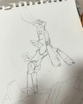  closed_mouth commentary english_commentary full_body highres horns iron_crown mofinngram no_humans non-humanoid_robot photo_(medium) pokemon pokemon_(creature) pokemon_focus rearing robot robot_animal solo traditional_media unfinished 