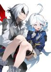  2girls absurdres arlecchino_(genshin_impact) asymmetrical_gloves black_eyes black_hair black_hands black_pants blue_eyes blue_hair blue_jacket carrying chinese_commentary colored_extremities colored_inner_hair commentary_request cowlick furina_(genshin_impact) genshin_impact gloves heterochromia highres jacket looking_ahead mismatched_gloves multicolored_hair multiple_girls pants princess_carry second-party_source short_hair shorts simple_background symbol-shaped_pupils wavy_hair waxgourd white_background white_gloves white_hair white_jacket white_shorts x-shaped_pupils yuri 