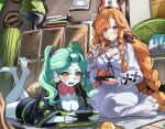  2girls absurdres ahoge alternate_breast_size_(larger) alternate_costume alternate_hairstyle anger_vein aqua_hair barefoot black_shirt black_shorts blush braid braided_sidelocks breasts cleavage closed_mouth colored_sclera commentary_request cyberpunk:_edgerunners cyberpunk_(series) dress eating green_eyes hair_rollers handheld_game_console highres holding holding_handheld_game_console indoors large_breasts long_dress long_hair long_sleeves lying medium_breasts multiple_girls on_stomach open_mouth orange_hair playing_games playing_video_games pointy_ears rebecca_(cyberpunk) red_eyes red_sclera sak_(lemondisk) shirt shorts sidelocks sigrika_(wuthering_waves) sitting soles the_pose toes twintails v-shaped_eyebrows veins white_dress wuthering_waves 
