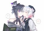  2girls bare_shoulders beret black_choker black_coat black_gloves black_hair black_hat black_kimono book bow bukejie butterfly_hat_ornament choker closed_eyes closed_mouth coat collared_coat commentary_request flower gloves gradient_hair hair_flower hair_ornament hat hat_flower hat_ornament hat_ribbon highres holding holding_book housho_margo japanese_clothes kimono lolita_fashion long_sleeves mahou_shoujo_no_majo_saiban mini_hat mini_top_hat multicolored_hair multiple_girls neck_ribbon off_shoulder open_book parted_bangs pink_hair purple_eyes ribbon sakuraba_ema shirt short_hair simple_background sleeveless sleeveless_coat top_hat wa_lolita white_background white_flower white_hair white_ribbon white_shirt white_sleeves x_hair_ornament yuri 