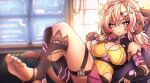  1girl animal_ears axel_(koko_d._nuts) blonde_hair breasts cleavage closed_mouth coconut_hair_ornament cyborg dark-skinned_female dark_skin feet fingerless_gloves gloves hair_between_eyes highres indie_virtual_youtuber koko_d._nuts large_breasts legs leotard looking_at_viewer mechanical_arms messy_hair mole mole_on_breast monitor monkey_ears monkey_girl monkey_tail multicolored_hair nythlinvt pink_eyes pink_hair pink_skirt single_mechanical_arm sitting skirt soles solo stirrup_legwear streaked_hair tail thighs toeless_legwear toes twintails virtual_youtuber yellow_leotard 
