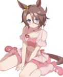  1girl animal_ears astroglia_cyte bare_shoulders blue_eyes blush breasts brown_hair closed_mouth clothing_cutout collarbone commentary_request cropped_shirt ear_ornament hair_between_eyes highres horse_ears horse_girl horse_tail layered_skirt looking_at_viewer loose_socks meni_shuki_rush-sshu! narita_taishin_(umamusume) pink_shirt pink_shoes pink_skirt pink_socks pout shirt shoes short_hair shoulder_cutout sitting skirt small_breasts socks solo tail umamusume wariza white_background 
