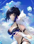 1girl absurdres ahoge aqua_gem bikini black_choker blue_bikini blue_eyes blue_hair blue_nails blunt_bangs breasts chinese_commentary choker cloud coat coat_on_shoulders commentary_request cowboy_shot dice fingerless_gloves fingernails fishnets fur-trimmed_coat fur_trim gem genshin_impact gloves highres large_breasts long_fingernails looking_at_viewer midriff mole mole_on_breast navel no_nose purple_lips short_hair sky smile solo stomach swimsuit tassel_choker thread water white_coat white_gloves xiaohen236 yelan_(genshin_impact) 