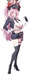  1girl absurdres alternate_costume black_boots black_gloves black_necktie black_skirt blue_archive boots bra bra_peek bra_visible_through_clothes breasts brown_eyes cleavage commentary demon_girl demon_horns fangs full_body gloves halo hand_on_own_hip hat high_heel_boots high_heels high_ponytail highres holding holding_microphone horns large_breasts long_hair looking_at_viewer microphone military_hat multicolored_horns navel necktie od_sey open_mouth pink_hair ponytail red_bra red_halo red_horns satsuki_(blue_archive) simple_background skirt smile solo standing thigh_boots two-tone_horns underwear untranslatable_commentary white_background 
