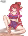  1boy 1girl bandaged_arm bandages berrycrepe black_bow black_headdress black_nails bow breasts closed_mouth feet foot_focus footjob hair_bow hair_ornament highres indie_virtual_youtuber legs long_hair medium_breasts navel otjareniy penis purple_eyes purple_shorts purple_sports_bra red_hair shorts sports_bra sportswear spread_legs squid_girl stomach tentacle_hair thighs two-footed_footjob virtual_youtuber white_background x_hair_ornament 