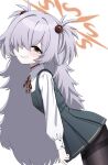  1girl absurdres black_thighhighs blue_archive breasts brown_halo brown_ribbon commentary_request diagonal-striped_ribbon dress eyeball_hair_ornament flask grey_hair hair_over_one_eye halo highres kanoe_(blue_archive) korean_commentary long_hair looking_at_viewer multicolored_eyes nervous_smile pale_skin pantyhose pinafore_dress ribbon rifnets_(dtiko) round-bottom_flask scar scar_on_neck shirt simple_background sleeveless sleeveless_dress small_breasts smile thighhighs two-tone_eyes two_side_up white_background white_shirt 
