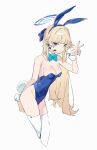  1girl animal_ear_hairband animal_ears aqua_bow aqua_bowtie aqua_nails bare_arms bare_shoulders blonde_hair blue_archive blue_eyes blue_halo blue_leotard bow bowtie braid breasts chinese_commentary cleavage commentary_request cropped_legs detached_collar fake_animal_ears fake_tail from_side groin hairband half_up_braid halo hand_up headset highleg highleg_leotard highres leotard looking_at_another low_neckline medium_breasts official_alternate_costume playboy_bunny rabbit_ear_hairband rabbit_ears rabbit_tail simple_background sola7764 solo strapless strapless_leotard tail thighhighs toki_(blue_archive) toki_(bunny)_(blue_archive) v white_background white_thighhighs white_wrist_cuffs wrist_cuffs 