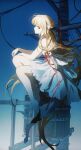  1girl absurdres aqua_background bare_arms bare_legs bare_shoulders barefoot blonde_hair blue_background brown_eyes cable chii chobits commentary dress english_commentary from_side full_body gradient_background headgear highres ling5707 long_hair looking_at_viewer looking_to_the_side low-tied_sidelocks plantar_flexion power_lines profile sidelocks sideways_glance sitting solo transformer utility_pole very_long_hair white_dress 