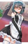  1girl absurdres alice_gear_aegis apron bare_shoulders black_bow black_gloves black_skirt blurry blurry_background blush bow breasts center_frills closed_mouth collared_shirt commentary_request commission cowboy_shot dutch_angle elbow_gloves frilled_apron frilled_gloves frilled_shirt frilled_sleeves frills glasses gloves green_eyes green_hair hair_bow highres indoors large_breasts maid maid_apron medium_hair mia_viosin own_hands_together red-framed_eyewear ribbon-trimmed_thighhighs ribbon_trim shirt skeb_commission skirt sleeveless sleeveless_shirt smile solo thighhighs waist_apron white_apron white_thighhighs yam_(yamap_mako) zettai_ryouiki 
