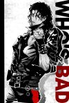  1boy absurdres bad_(michael_jackson) belt ben-day_dots black_hair commentary english_text hand_up highres jacket limited_palette long_hair male_focus michael_jackson multiple_belts open_clothes open_jacket pectorals pointing pointing_at_viewer real_life screentones solo taiyasuma vertical_text wavy_hair 