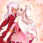  cape chloe_von_einzbern dark_skin earrings fate/kaleid_liner_prisma_illya fate_(series) feathers folded_ponytail hair_feathers hair_ornament hair_stick half_updo highres holding_hands illyasviel_von_einzbern interlocked_fingers jacket jewelry magical_girl maruko_(ting_04) multiple_girls navel open_mouth orange_eyes prisma_illya purple_eyes red_jacket silver_hair smile two_side_up white_hair 