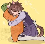  1girl ahoge animal_ears blush bow bowtie brown_hair checkered_ribbon closed_eyes dantsu_flame_(umamusume) ear_covers ear_ribbon hair_between_eyes hairband highres holding horse_ears horse_girl horse_tail kubo_tasukete long_sleeves multicolored_hair open_mouth pantyhose pink_hairband pleated_skirt purple_sailor_collar purple_serafuku purple_shirt purple_skirt sailor_collar sailor_shirt school_uniform serafuku shirt simple_background skirt smile solo stuffed_carrot tail tracen_school_uniform umamusume white_bow white_bowtie white_hair white_pantyhose winter_uniform 