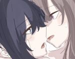  2girls after_kiss black_hair brown_hair earrings eye_contact flower_earrings grey_eyes hand_on_another's_face jewelry looking_at_another miyagi_shiori multiple_girls purple_eyes saliva saliva_trail sendai_hazuki shibachi shuuniichido_classmate_wo_kau_hanashi stud_earrings sweatdrop yuri 