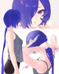  1girl alternate_costume bare_shoulders black_shorts blue_hair breasts commentary_request grey_tank_top hair_over_one_eye highres holding holding_phone long_hair medium_breasts multiple_views parted_lips phone promeia_(zenless_zone_zero) purple_eyes purple_nails shorts tank_top tying_hair uixy very_long_hair white_background zenless_zone_zero 