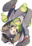  1boy alternate_color amakara000 black_hair black_hat black_pants budew commentary_request green_jacket hat highres jacket long_sleeves male_focus midriff_peek navel open_clothes open_jacket open_mouth pants paxton_(pokemon) pokemon pokemon_(creature) pokemon_legends:_z-a shiny_and_normal shiny_pokemon shirt short_hair smile upside-down white_shirt 