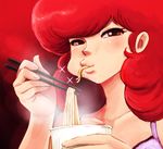  chopsticks close-up eating food lafolie long_hair maison_ikkoku noodles ramen red red_background red_eyes red_hair roppongi_akemi smile solo steam 