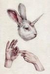  disembodied_hand fingers fur hands horn human lagomorph mammal nikolay_tolmachev plain_background rabbit unirabbit white_background white_fur 