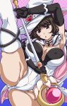  1girl 9s0ykoyama117 absurdres black_hair blush breasts brown_eyes cameltoe choker cleavage commentary_request cosplay covered_navel covered_nipples girls_und_panzer hat highres large_breasts leotard long_hair looking_at_viewer nishizumi_shiho open_mouth solo split spread_legs staff standing standing_on_one_leg standing_split thighhighs white_thighhighs witch witch_hat 