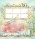  1girl bedroom blanket blonde_hair cactus cat clock closed_eyes commentary_request flower hanging_plant indoors light_particles long_sleeves mura_(yoshishi_ff) nightstand original painting_(medium) plant potted_plant solo traditional_media under_covers wall_clock watercolor_(medium) watermark white_flower window 