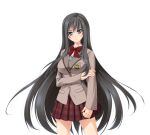  1girl black_eyes blazer blush bow breasts closed_mouth divine_heart_makina emblem game_asset jacket jewelry kagemusya kurusu_makina_(divine_heart_makina) large_breasts large_variant_set long_hair looking_at_viewer non-web_source official_art plaid_clothes plaid_skirt pleated_skirt school_uniform self-datamine simple_background skirt solo tachi-e transparent_background variant_set very_long_hair 