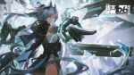  1girl animal_ears arcane_(arknights) arknights arknights:_endfield asymmetrical_gloves bird_ears bird_girl black_cape black_gloves blue_eyes cape chinese_commentary commentary_request copyright_logo copyright_notice facial_mark floating floating_gun floating_object floating_weapon forehead_mark gloves grey_hair head_wings highres logo long_hair mismatched_gloves multicolored_cape official_art parted_lips wings 