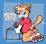 3_toes abstract_background anthro balls barefoot blue_eyes bottomless box butt butt_shot casual_exposure clothed clothing container domestic_cat english_text fangs feet felid feline felis foot_focus fur genitals hair hoodie looking_at_viewer male mammal multicolored_body multicolored_fur open_mouth orange_body orange_fur pawpads pawplants paws pink_pawpads pinup pointy_ears pose presenting presenting_hindquarters red_clothing red_hoodie red_topwear soles solo sparky_(pawplants) spiky_hair tabby_cat tail tail_motion tailwag teeth text toes topwear topwear_only unboxing