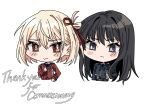  2girls black_hair blonde_hair blue_dress blue_ribbon closed_mouth commentary commission dress english_commentary english_text green_ribbon hair_ribbon highres inoue_takina long_hair lycoris_recoil lycoris_uniform multiple_girls neck_ribbon nishikigi_chisato one_side_up pokarii_zuu purple_eyes red_eyes red_ribbon ribbon second-party_source short_hair simple_background white_background 