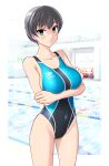  1girl absurdres aqua_one-piece_swimsuit arms_under_breasts black_hair black_one-piece_swimsuit breast_rest breasts carried_breast_rest carrying commentary_request competition_swimsuit cosplay covered_navel crossed_arms grey_eyes highleg highleg_one-piece_swimsuit highres indoors lane_line large_breasts large_variant_set logo one-piece_swimsuit original pool short_hair smile solo standing swimsuit takafumi two-tone_swimsuit variant_set 