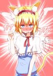  alice_margatroid animal_ears blonde_hair blue_eyes blush capelet cat cat_ears embarrassed paw_pose short_hair solo steam sweatdrop takorice touhou 