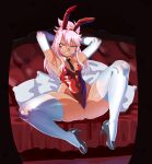  1girl absurdres animal_ears armpits arms_up art_trade blush breasts chloe_von_einzbern commentary couch covered_navel cushion dark-skinned_female dark_skin detached_collar elbow_gloves english_commentary fake_animal_ears fate/kaleid_liner_prisma_illya fate_(series) glasses gloves grin half_updo heart_pasties hectaryecgaa high_heels highleg highleg_leotard highres leotard long_hair looking_at_viewer necktie orange_eyes pasties pink_hair playboy_bunny rabbit_ears red_leotard round_eyewear sidelocks sitting small_breasts smile solo spread_legs thick_thighs thighhighs thighs white_gloves white_thighhighs 
