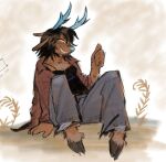 anthro antlers black_hair black_top blue_antlers blue_nose bottomwear claws clothing december_holiday deer deltarune denim denim_bottomwear denim_clothing eyeliner female gesture hair hand_gesture hooves horn jeans luckymuttz makeup mammal new_world_deer pants pattern_clothing pattern_shirt pattern_topwear plaid plaid_clothing plaid_shirt plaid_topwear plant reindeer shirt simple_background simple_eyes sitting sitting_on_ground smile solo thumbs_up topwear undertale_(series)