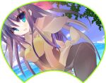 1girl acolyte_(ragnarok_online) black_pantyhose blue_eyes blue_sky blush brown_capelet brown_shirt brown_skirt capelet cloud commentary_request cowboy_shot grey_panties hand_fan hanimitsu long_hair long_sleeves looking_at_viewer ocean open_mouth panties panties_under_pantyhose pantyhose purple_hair ragnarok_online shirt short_hair skirt sky smile solo tree underwear water 