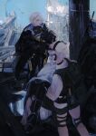  1boy 2girls backpack bag bare_legs black_bag black_gloves black_jacket black_pants blonde_hair breasts bulletproof_vest carrying carrying_person commander_(girls'_frontline) commentary_request drill_hair girls'_frontline girls'_frontline_2:_exilium gloves gun highres holding holding_weapon holster jacket knee_pads kriss_vector looking_to_the_side multiple_girls one_eye_covered open_mouth pants pp-90_(girls'_frontline) ruchey_(girls'_frontline_2) ruins shade shirt short_hair sky small_breasts standing submachine_gun sushiwa tactical_clothes torn_clothes torn_pants vector_(girls'_frontline) vector_(girls'_frontline_2) weapon white_hair white_shirt yellow_eyes 
