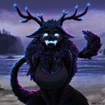 1:1 american_mythology anthro antlers beach big_breasts bioluminescence black_body black_fur bodily_fluids breast_squish breasts claws cleavage clothed clothing colored crying cryptid detailed_background digital_media_(artwork) ears_back fangs female female_anthro female_focus fur glowing glowing_eyes glowing_teeth hands_between_legs hi_res horn indigenous_north_american_mythology kneeling looking_at_viewer mythology north_american_mythology omnid pivoted_ears plant pointy_ears sharp_teeth shirt solo squish starshade stupid_sexy_cryptids tail tank_top tears teeth topwear tree vitaly_s_alexius wendigo