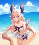  1girl ahoge aloupeep_(enna_alouette) aqua_nails beach bikini blonde_hair blue_sky blush breasts cloud cloudy_sky commentary cowboy_shot english_commentary enna_alouette flower food frilled_bikini frills hair_flower hair_ornament head_wings highres holding holding_food holding_ice_cream ice_cream ice_cream_cone long_hair looking_at_viewer low_twintails navel nijisanji nijisanji_en ocean purple_eyes senmi_(vvv_1864) sky small_breasts solo swimsuit twintails very_long_hair virtual_youtuber wings 