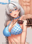  1boy 1girl 1nilla' aqua_bikini armpit_focus armpit_sex armpits bar_censor bikini blue_eyes braid breasts captain_(honkai_impact) censored cleavage collarbone commentary english_commentary hetero highres honkai_(series) honkai_impact_3rd jewelry kiana_kaslana kiana_kaslana_(sunny_beach) large_breasts long_hair looking_at_viewer navel necklace penis solo swimsuit twin_braids upper_body white_hair 