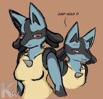 2019 annoyed anthro biped black_body black_fur blue_body blue_fur blush blush_lines breasts brown_background bust_portrait chest_spike colored crossgender dialogue digital_drawing_(artwork) digital_media_(artwork) english_text eyelashes facial_markings featureless_breasts female frown fur generation_4_pokemon half-closed_eyes head_markings hi_res kangwolf looking_at_viewer lucario markings mask_(marking) multiple_angles multiple_expressions narrowed_eyes nintendo nude open_mouth pokemon pokemon_(species) portrait red_eyes simple_background smile smug solo spikes spikes_(anatomy) text tongue watermark yellow_body yellow_fur