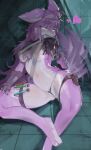anthro belt blush breasts canid canine canis cape clothing devilbeing_(artist) exhibitionism female genitals hair hi_res long_hair mammal nipples paws solo vaginal vulva wolf wolfhimeqin